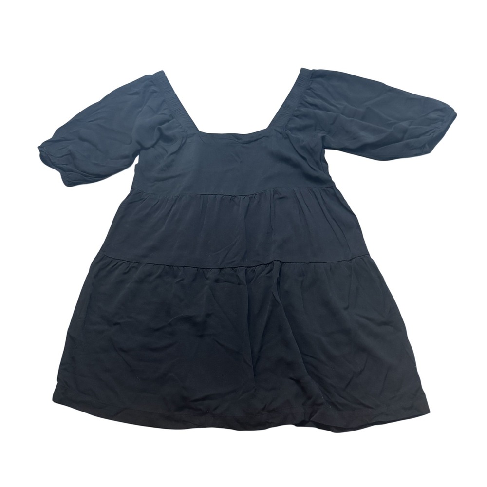 Shinestar Black Square Neck Tiered Puff Sleeve Mini Dress Size L Made in Vietnam